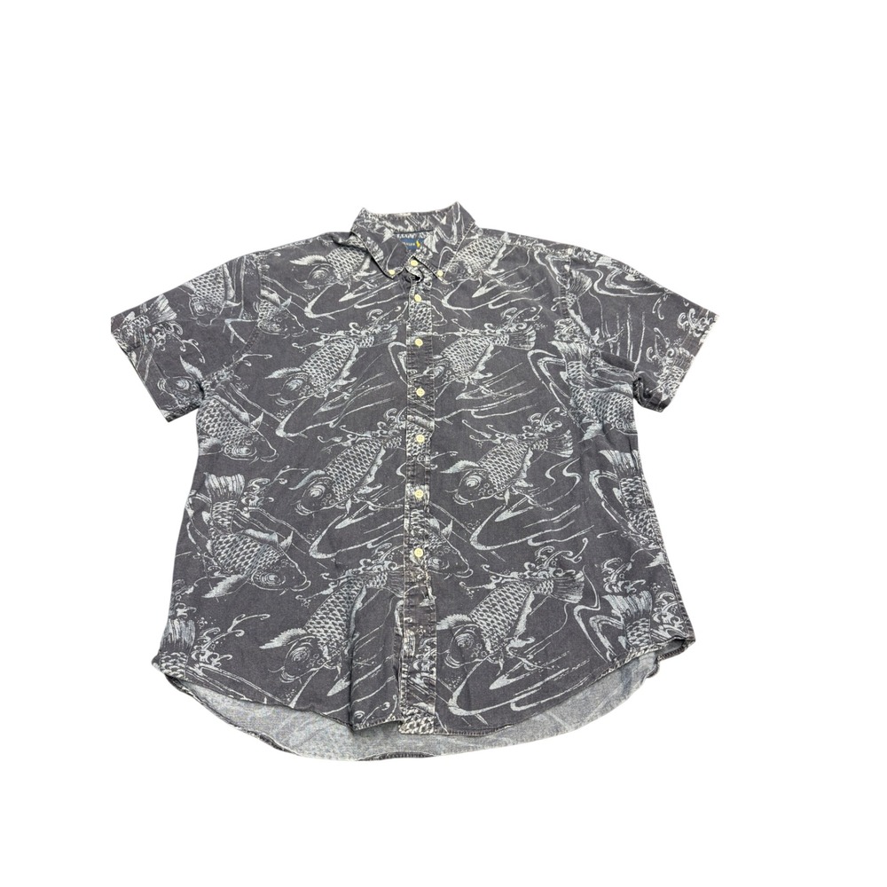Ralph Lauren XXL Slim Fit Koi Fish Print Short Sleeve Button Down Shirt Blue